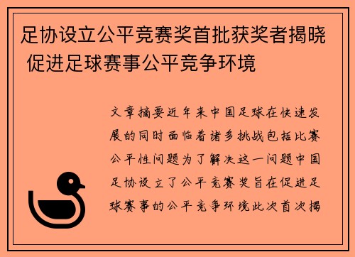 足协设立公平竞赛奖首批获奖者揭晓 促进足球赛事公平竞争环境