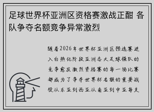 足球世界杯亚洲区资格赛激战正酣 各队争夺名额竞争异常激烈