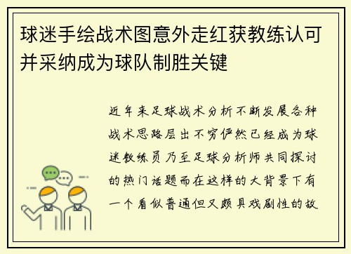 球迷手绘战术图意外走红获教练认可并采纳成为球队制胜关键