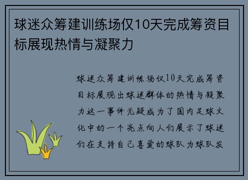 球迷众筹建训练场仅10天完成筹资目标展现热情与凝聚力