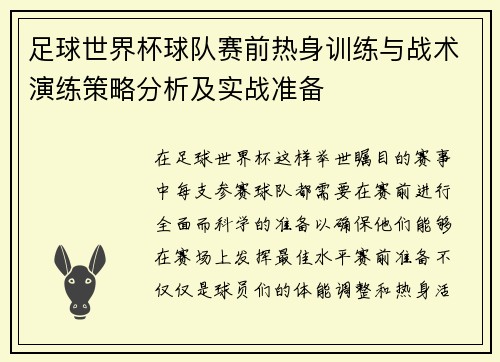 足球世界杯球队赛前热身训练与战术演练策略分析及实战准备